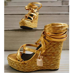 Gold Weave Wedges Padlock Sandals Espadrille High Heel Ankle Bandage Women Knit Shoes