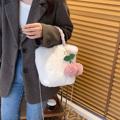 Women Female Cute Cherry Bags Soft Plush Handbags Furry Fluffy Totes Fashion Shopping Bags