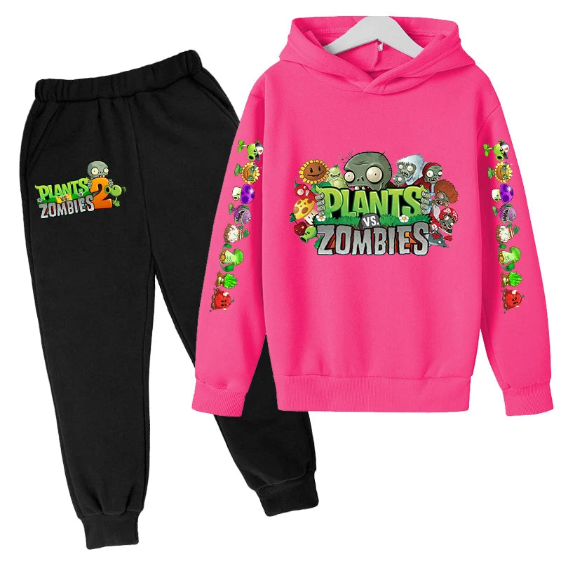 Kids Hooded Pullover Popular Game Plants vs. Monster Print Boys/Girls Top/Pants Clothing Set