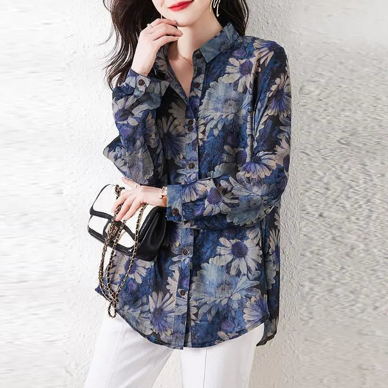 Commute Turn-down Collar Shirt Vintage Floral Printed Women's Clothing