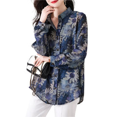 Commute Turn-down Collar Shirt Vintage Floral Printed Women's Clothing