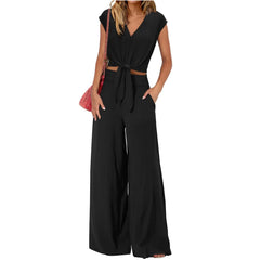 Women's Suits  Summer Casual Loose Lace Up Sexy Short Sleeve Tops High Waist Wide Leg Pants Two Piece Sets Women