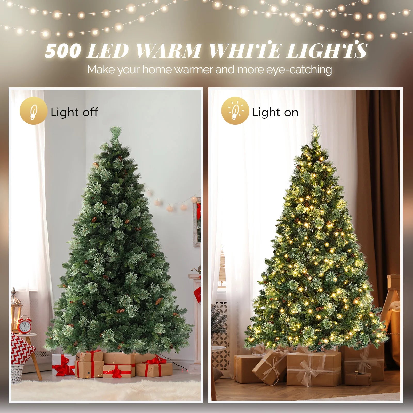 6ft Automatic Tree Structure PE PVC Material 500 Lights Warm Color 9 Modes With Remote Control 900 Branches With Pine Needles