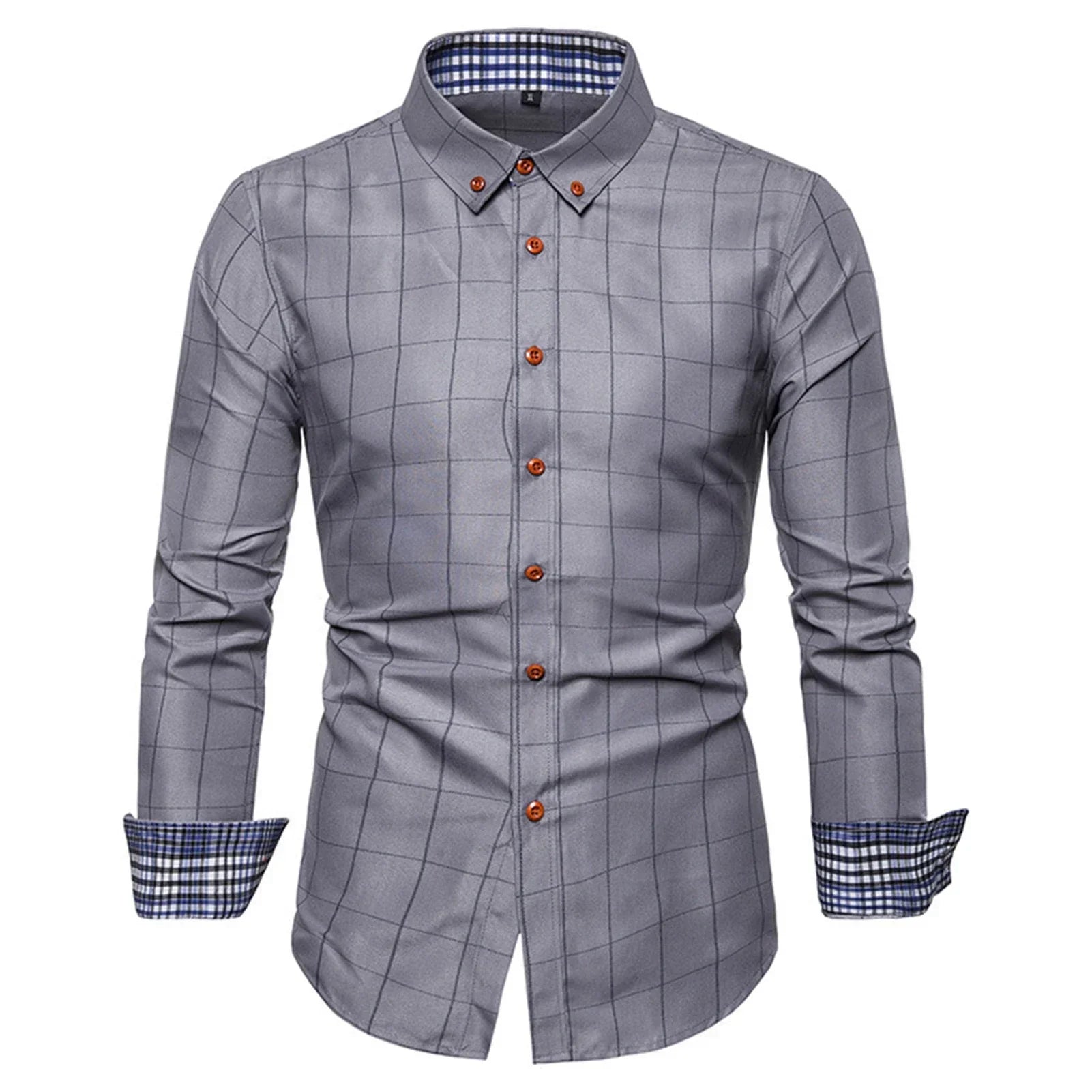 Men Shirt Plaid Print Turn down Collar Single breasted Formal Dress Shirt