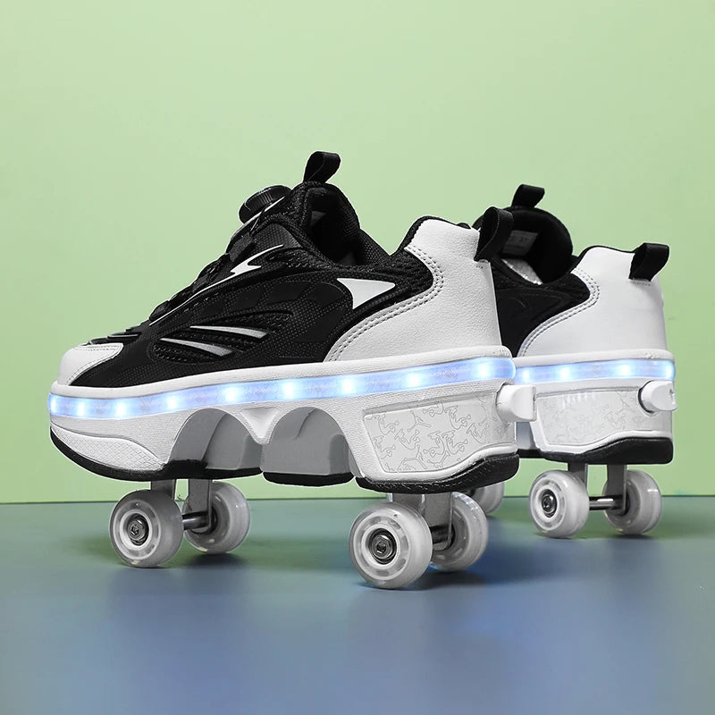 Double-Row Four-Wheel Roller Skating Shoes LED Flash Dual-Use Roller Shoes Men Women Casual Sneakers Sport Walking dog Shoes