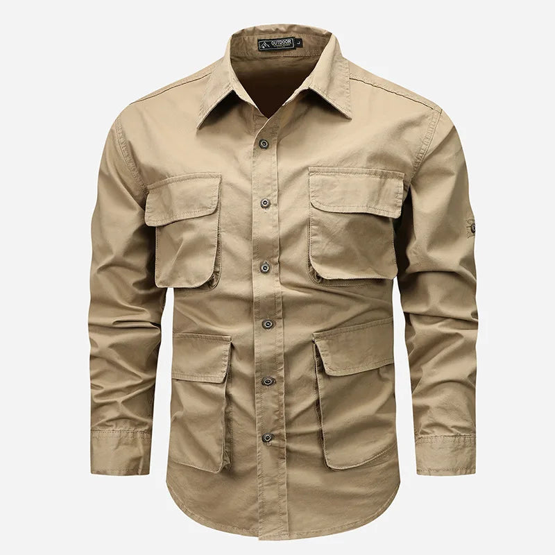 Men Long Sleeved Multi Pockets Cargo Shirts High Quality Man Outdoor Loose Tooling Shirts