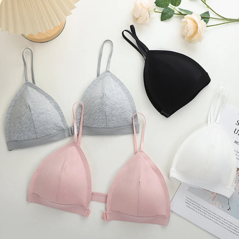 Women's Tube Top Pure Cotton Triangle Cup French Bra Front Buckle Strap Chest Pad Beautiful Back Female Bra