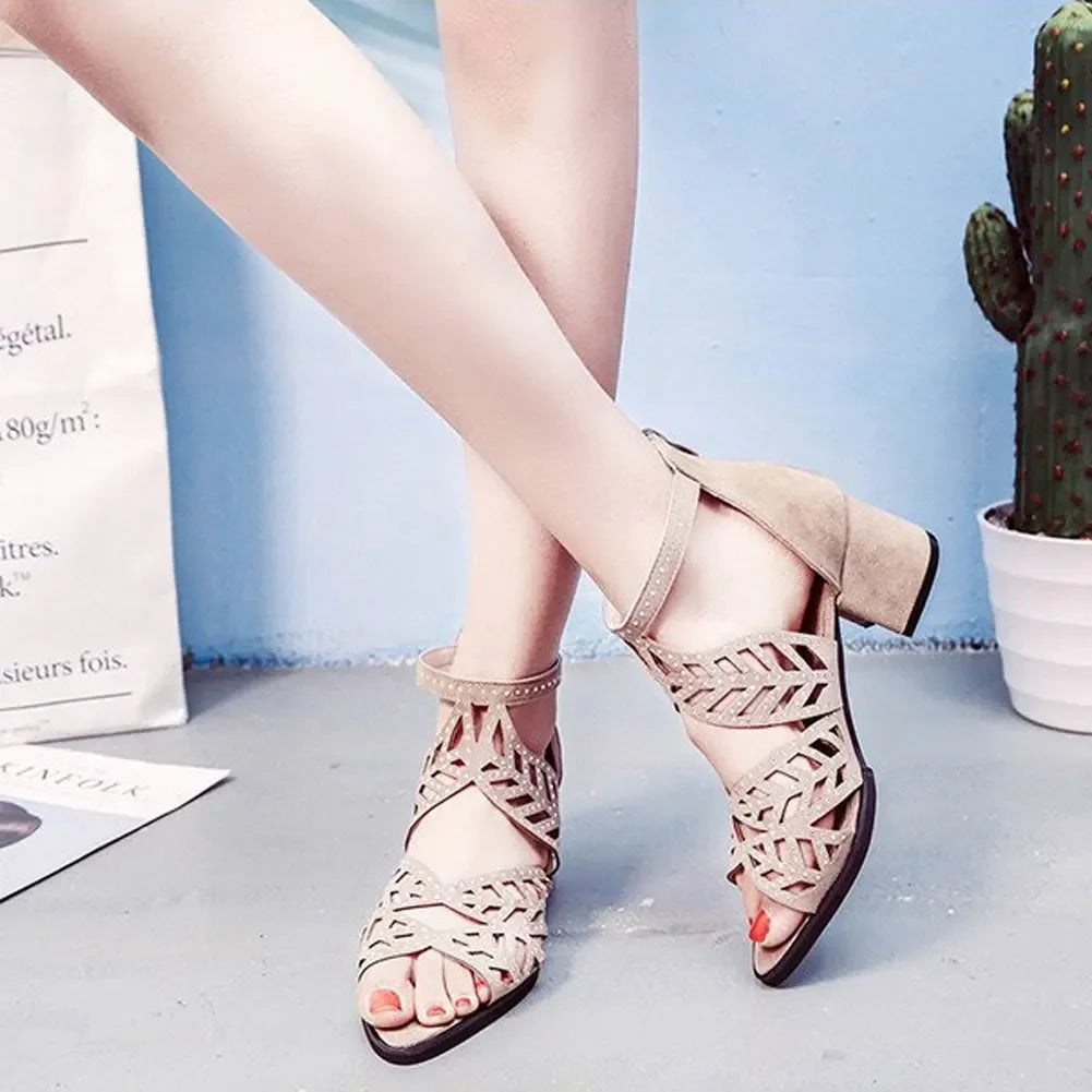 Women Summer Hollow Out Faux Leather Rhinestones Thick Heel Zipper Sandals