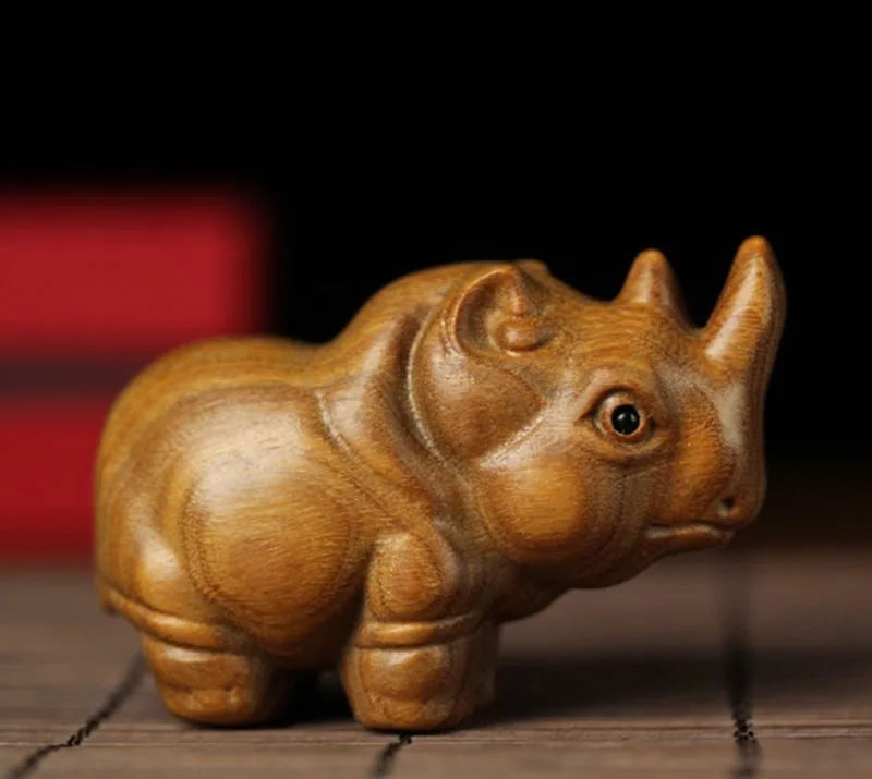 Green sandalwood 6.7CM Rhino Wood Sculpture Animal Statue Collection Office Decoration Home Décor