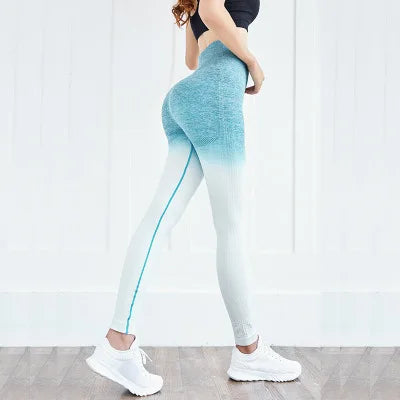 Women Gradient Seamless Leggings Knitted Slim Pants Gym Trainning Running Elastic High Waist Hip Lift Sports Yoga Leggings