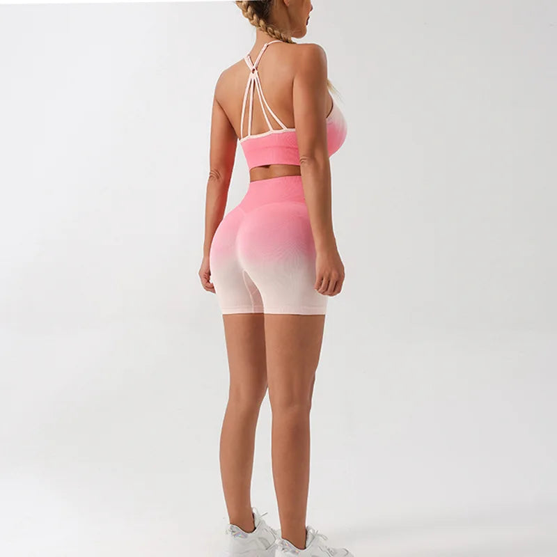 Women's Yoga Set Fade Color Seamless High Waisted Gym Shorts Sports Bra
