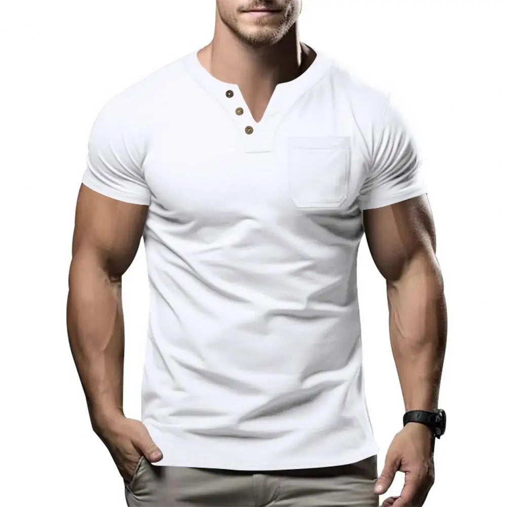 Buttoned Men Shirt Men's Slim Fit V Neck Pullover with Chest Pocket for Sport Business Wear