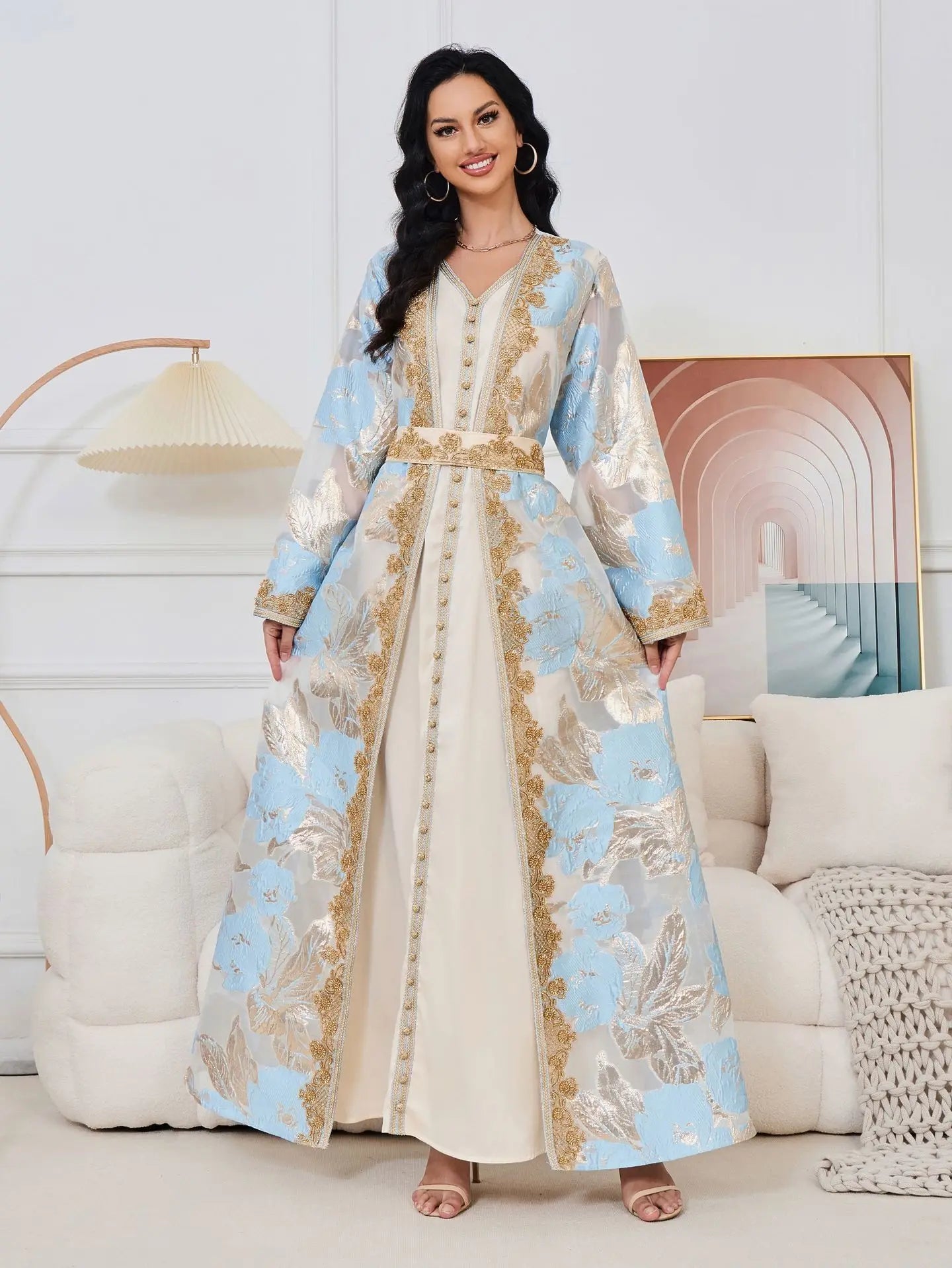 Maxi Dress Kaftan Floral Embroidered Women Fashion Jellaba Muslim Clothing Dubai Long Sleeve Abaya Ladies Evening Dresses 2024