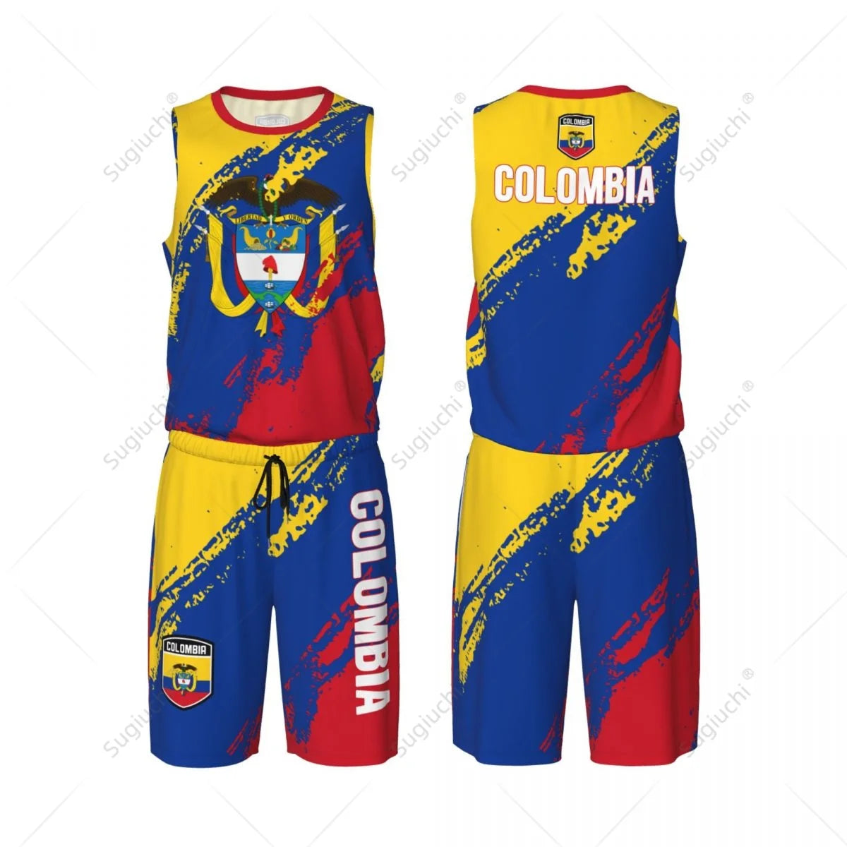 Men Colombia Flag Basketball Jersey Set Mesh Shirt & Pants Sleeveless Exclusive Team-up Custom Name Nunber Unisex