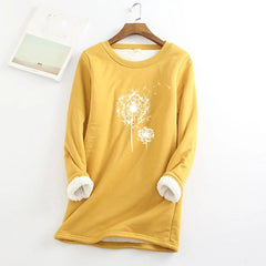 Women Casual Print Shirt Thick Fleece Lined Sweatshirt Winter Round Neck Warmth Padded Soft Fashion Pullover