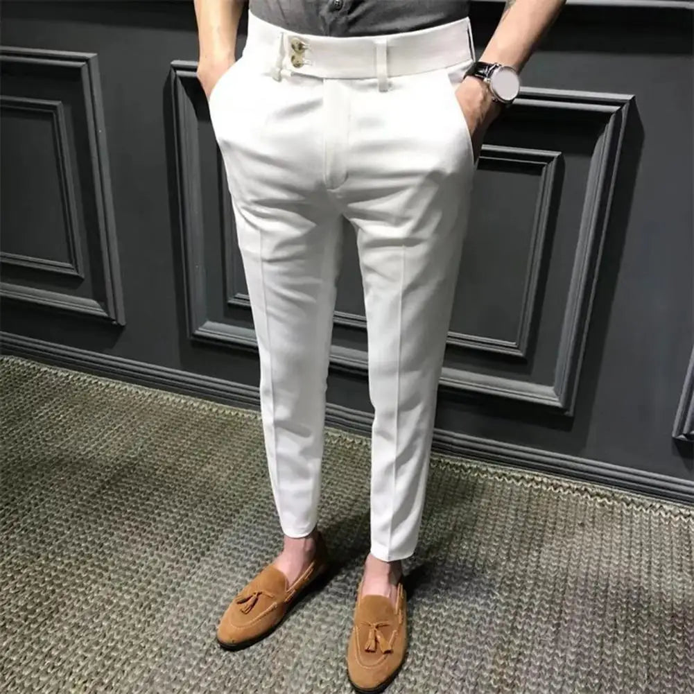 Trendy Ninth Suit Pants Office Slim Fit Wear-resistant Zip Up Ninth Suit Pants  Ankle Length Ninth Trousers Male Garment