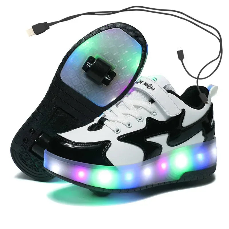 Kids LED usb charging roller shoes glowing light up luminous sneakers with wheels