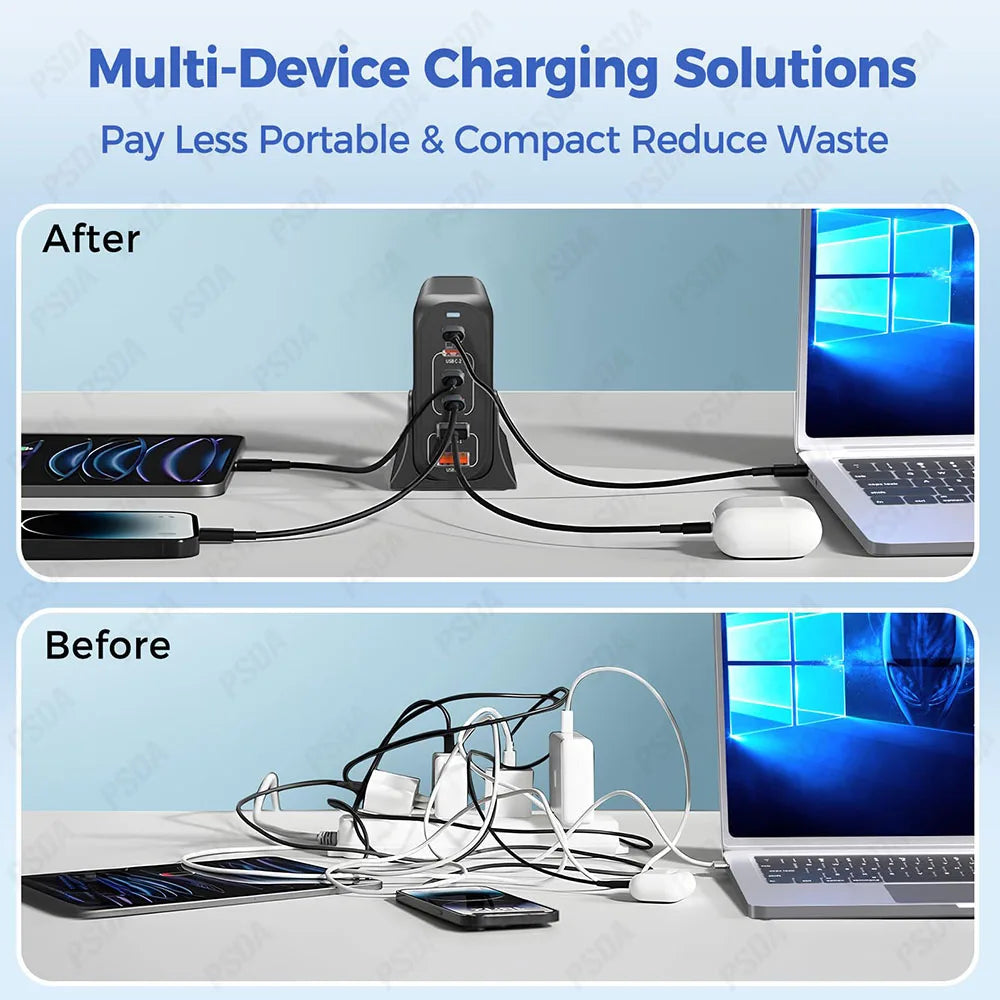 PSDA 2D 6 Ports 200W GaN Power Adapter PD 65W Fast Charger Type-C Charging Station for MacBook iPhone Samsung Xiaomi