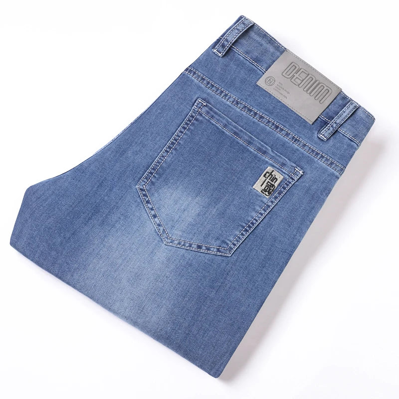 Summer Thin Men's Jeans Embroidered New Denim High Quality Elastic Small Straight Trousers