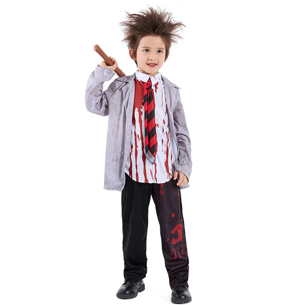 Boys Halloween Bloody Zombie Walking Dead Costumes Kids Children Vampire Student Cosplay Carnival Purim Role Playing Party Dress