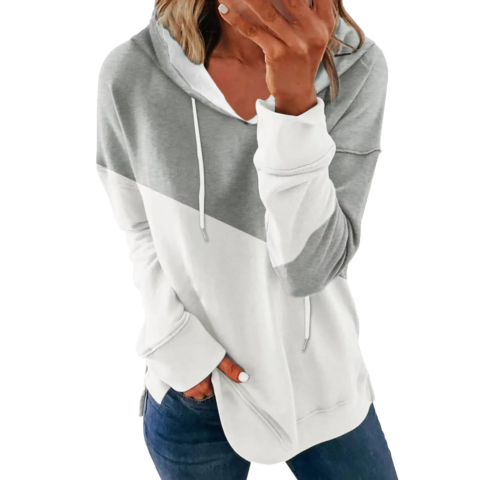 Fashion Color Matching Print Hooded Hoodie Woman Autumn Comfortable Loose Drawstring Long Sleeves Sports Pullover