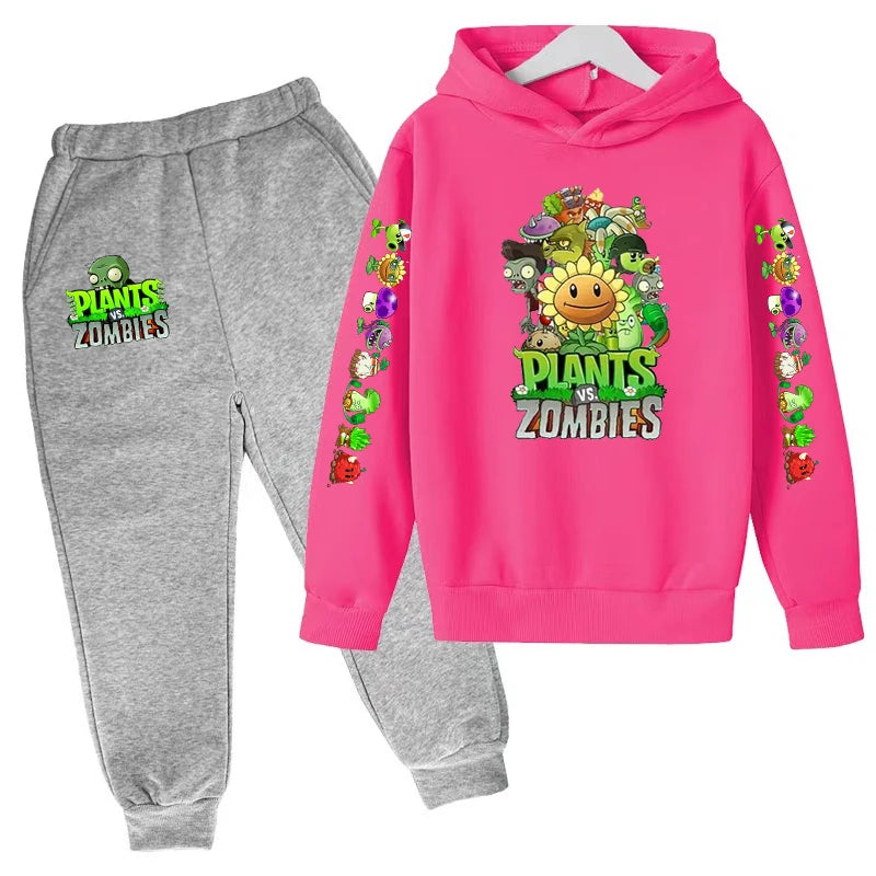 Kids Hooded Pullover Popular Game Plants vs. Monster Print Boys/Girls Top/Pants Clothing Set