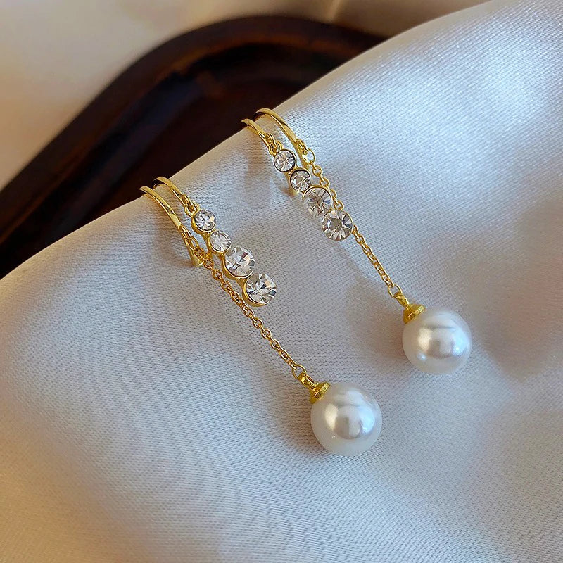 Zircon Pearl Pendant C-Shaped Gold Color Stud Earrings for Women