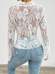 Elegant Floral Lace Long Sleeve Blouse with Front Tie Detail - Stylish Sheer Top for Chic Clubwear and Street Style Fashion