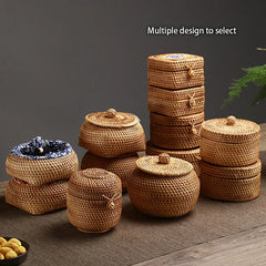 Handwoven Rattan Storage Box With Lid Candy Snack Jar Tea Food Container