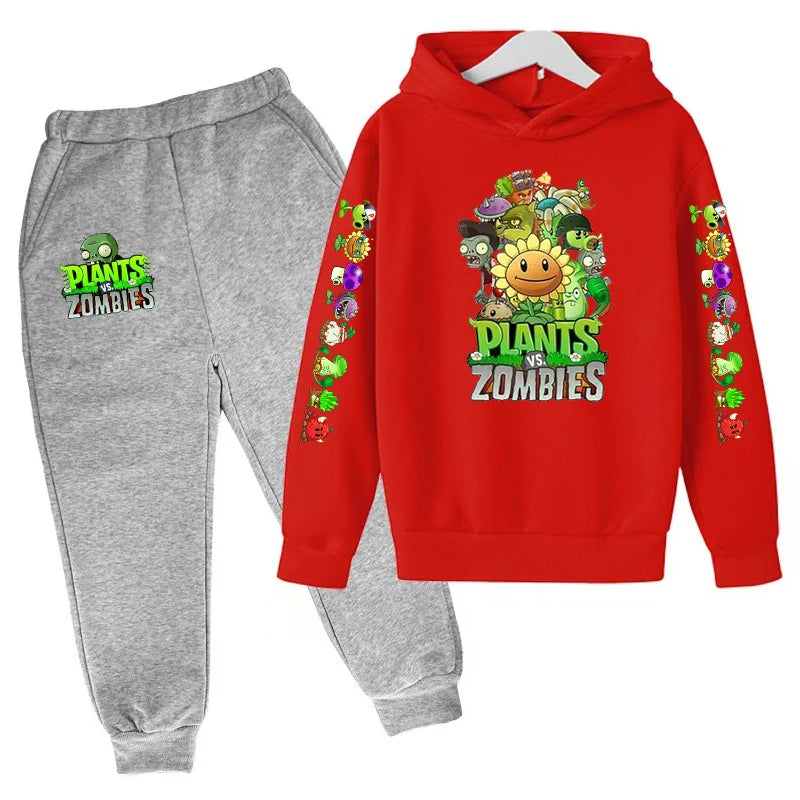 Kids Hooded Pullover Popular Game Plants vs. Monster Print Boys/Girls Top/Pants Clothing Set