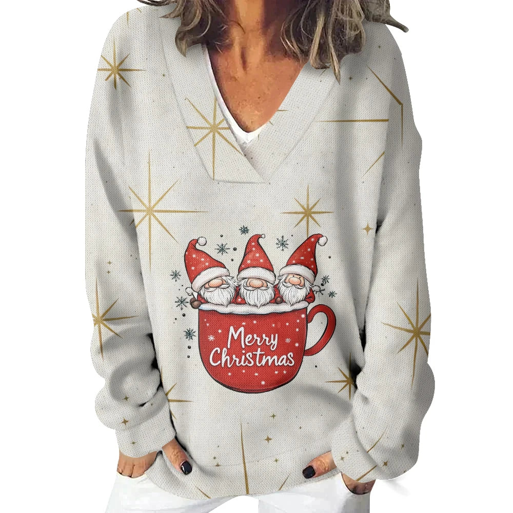 Naughty Santa Claus Print V-neck Casual Sweatshirt Kawaii Winter Classic Hoodie Harajuku Funny Pullovers Women Solf Cozy Tops