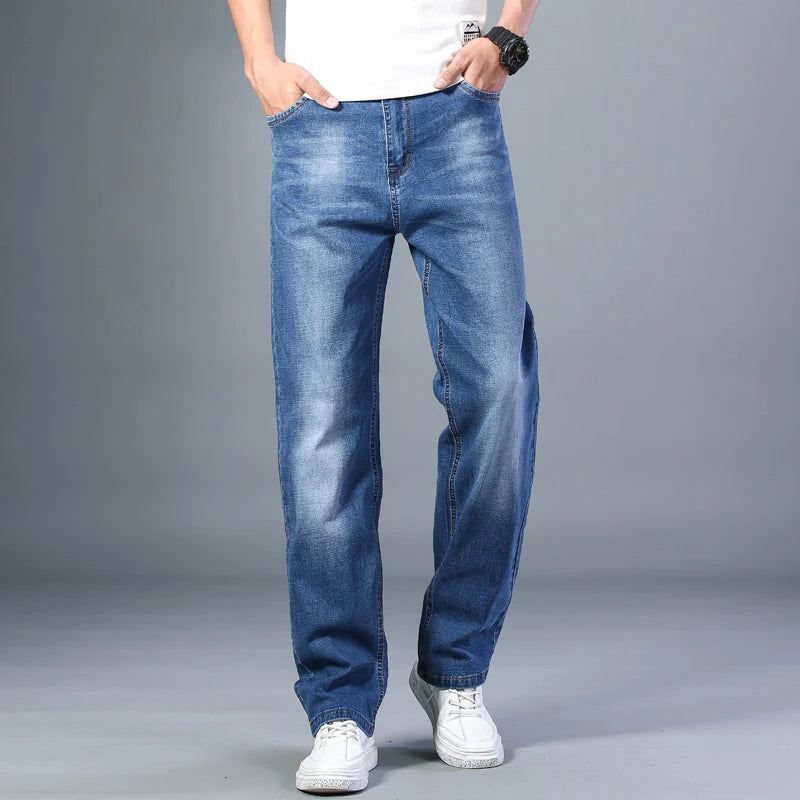 SHAN BAO cotton stretch men's straight loose loose summer thin jeans  spring classic brand casual lightweight jeans blue