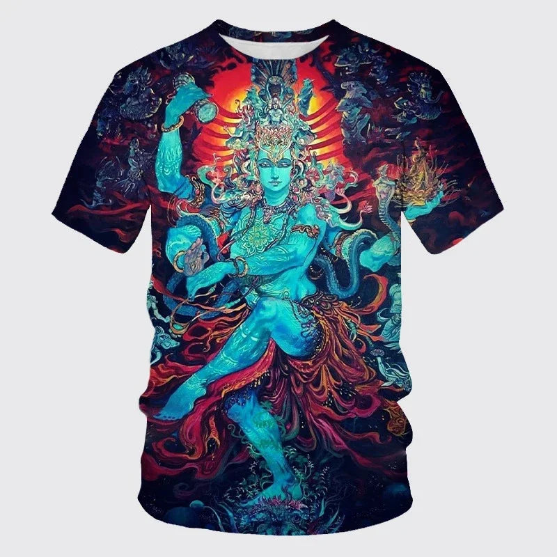 Summer Fashion New Indian Shiva Graphic 3D T-Shirt Men'S Trend Casual Personality Print Oversized O-Neck Short Sleeve Tee Shirts