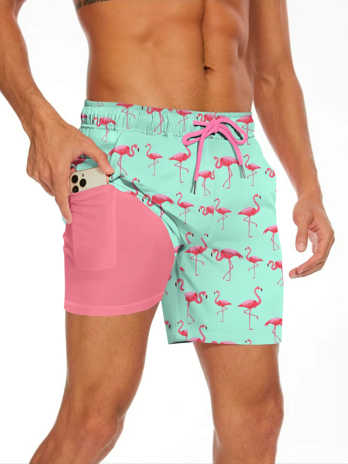 Men's Flamingos Digital Print Shorts, Casual, Double Layer Drawstring, Phone Pocket Design, Summer Beach Shorts