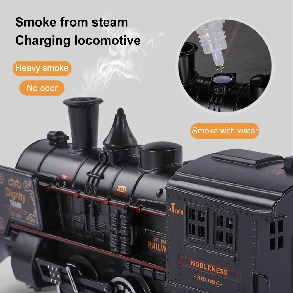 Electric Train Set with Steam Lights Vintage Carriages Railway Track Model Trains Toys