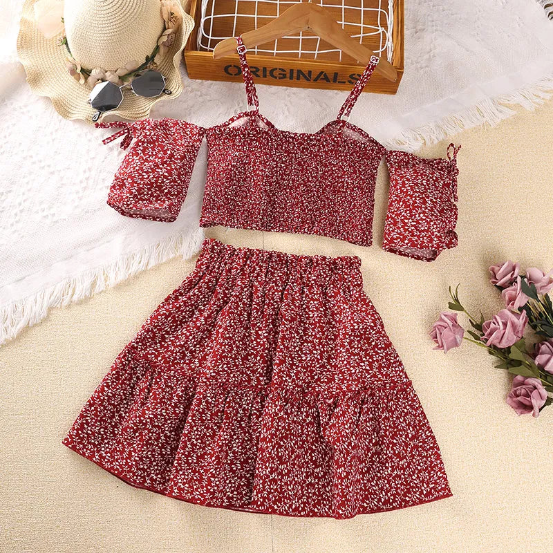 Little Girl Red Floral Halter Top + Red Floral Skirt Korean Style Suits Summer Casual Clothes Sets