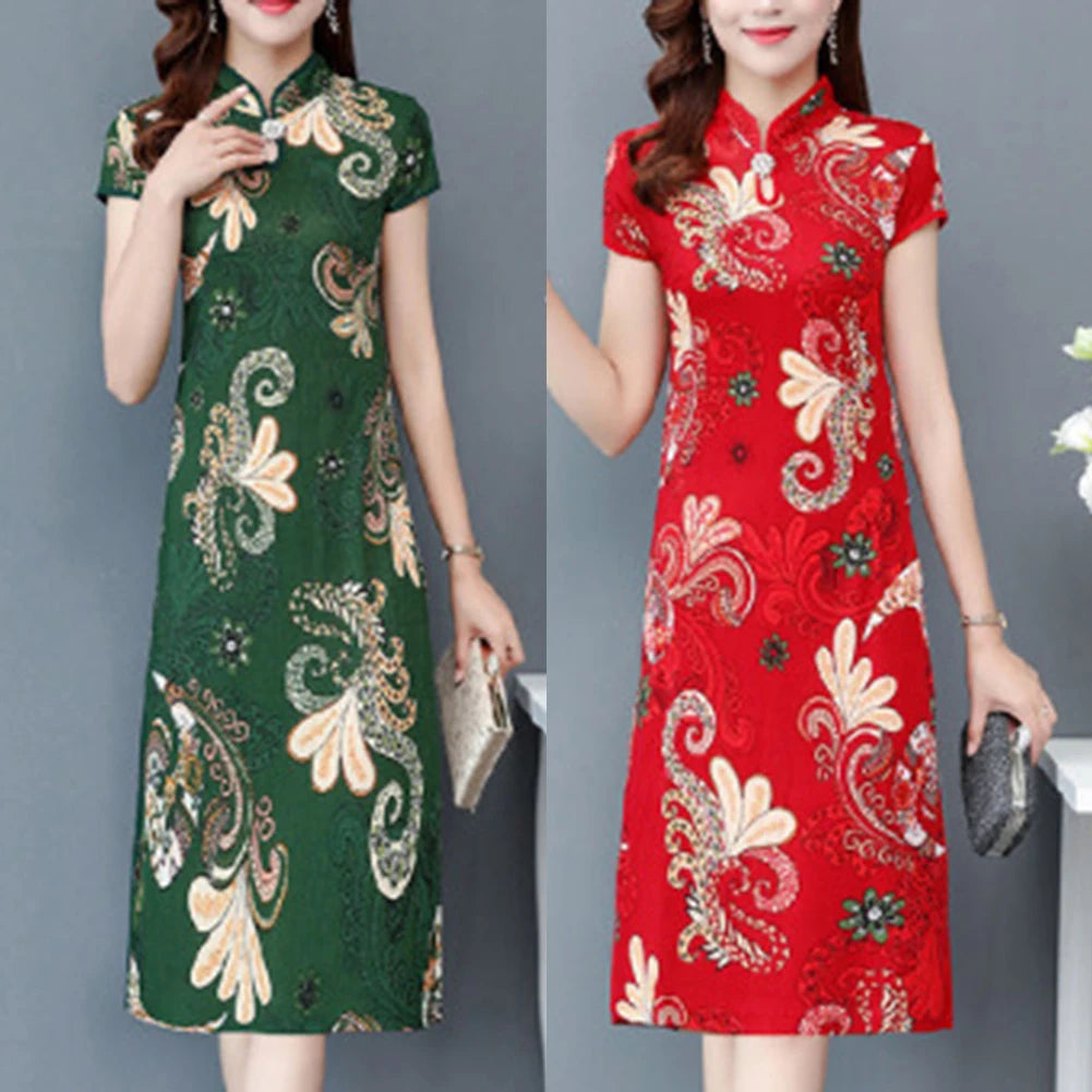 Chinese National Cheongsam Chinese National Style Floral Print Stand Collar Women's Dress