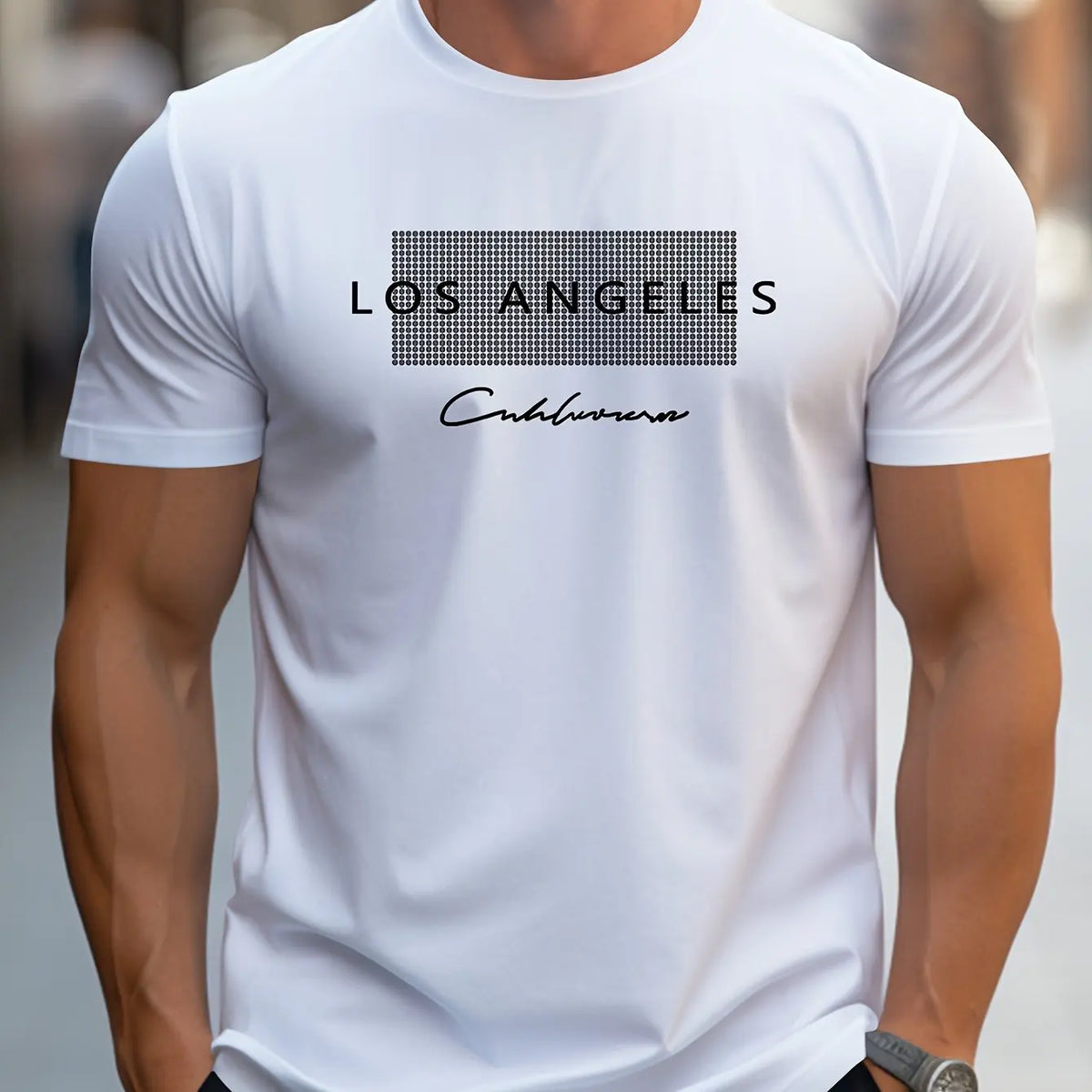 Men's cotton summer loose fit Los Angeles pattern printed slim fit casual sports round neck short sleeved T-shirt top