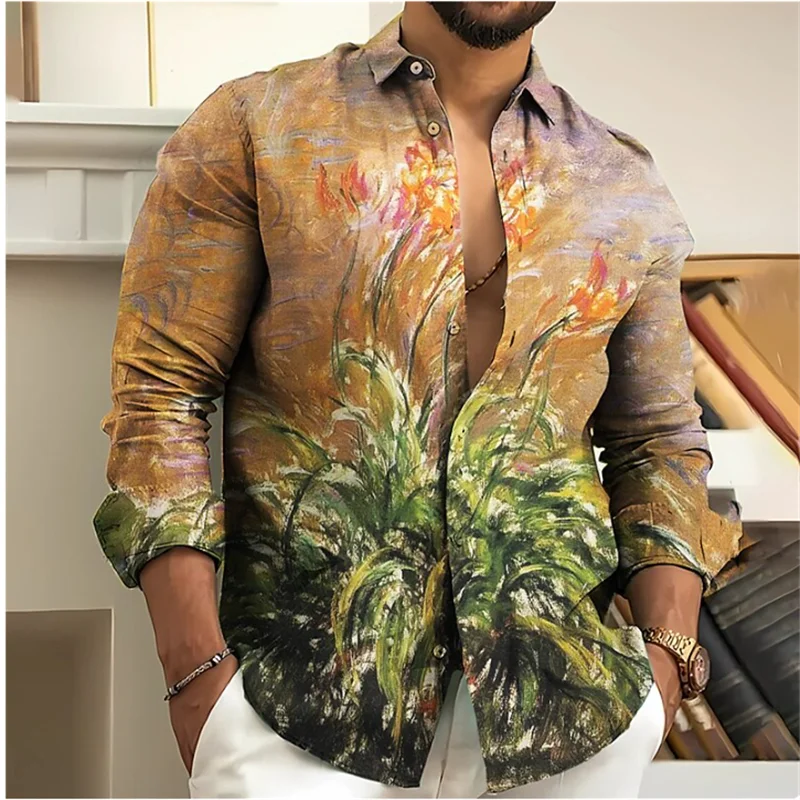 Vintage 2023 Men's Shirt Floral 3D Printing Lapel Long Sleeve Outdoor Streetwear Fashion Dress