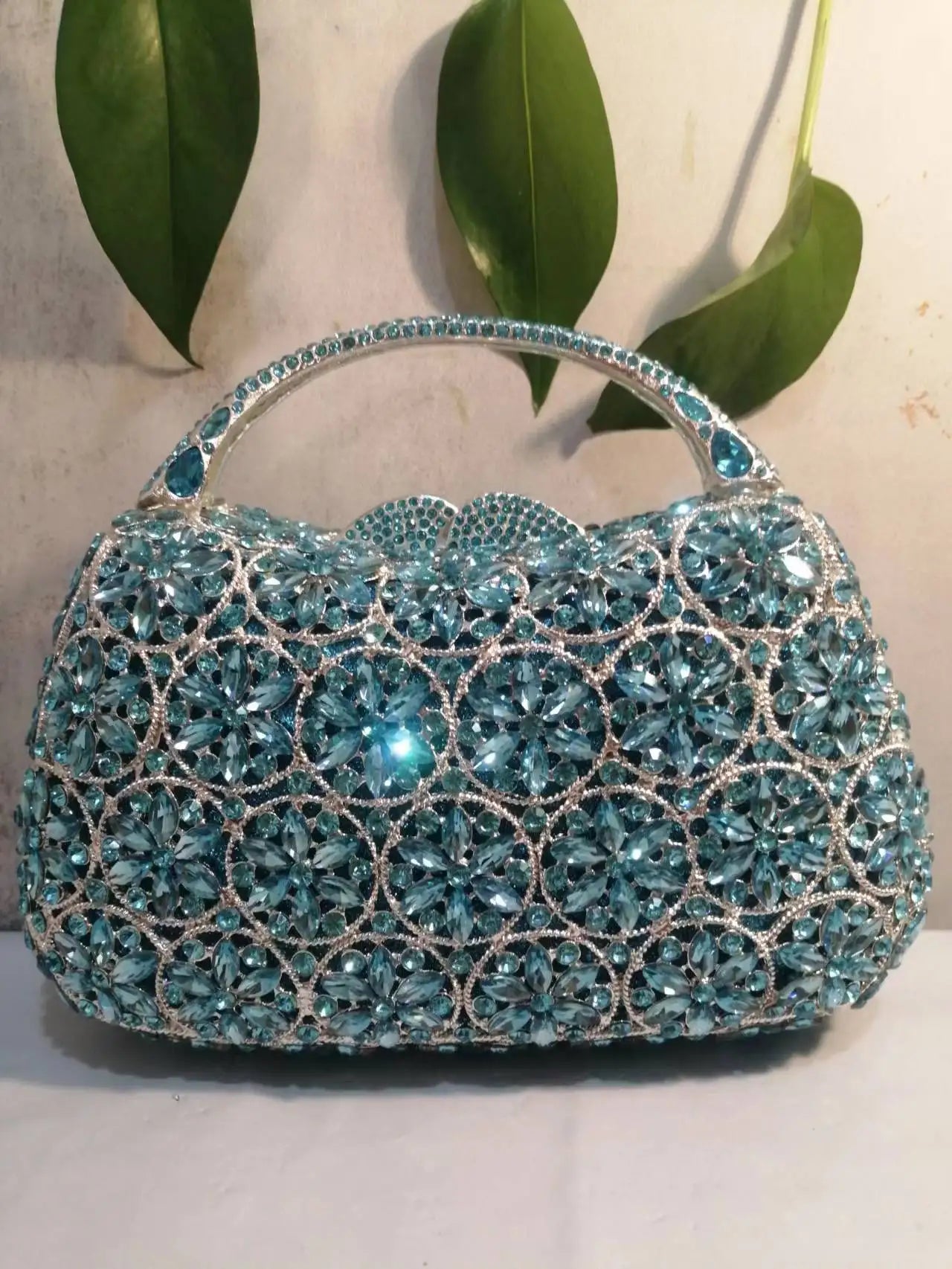 Women Light Blue Stones Clutch Purse Lady Rhinestones Evening Bags Wedding Crystal Purses