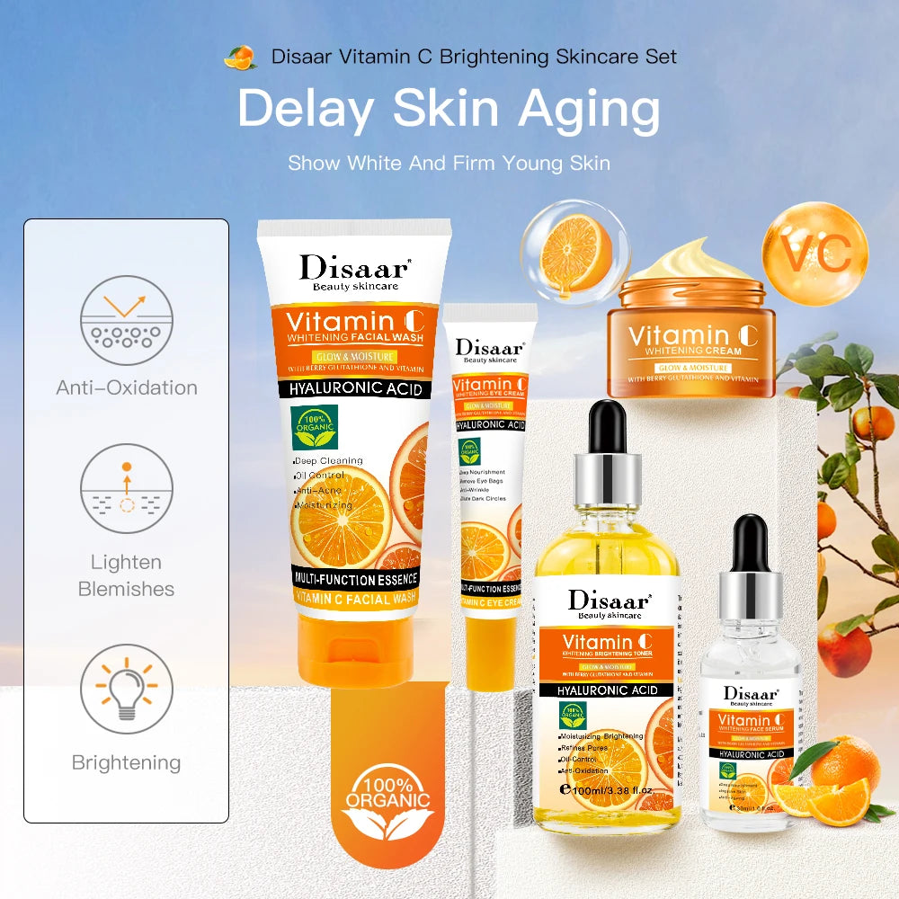 Disaar Vitamin C Facial Care Set Face Cleanser Fade Dark Circles Eye Cream Essence Lighten Spots VC Care