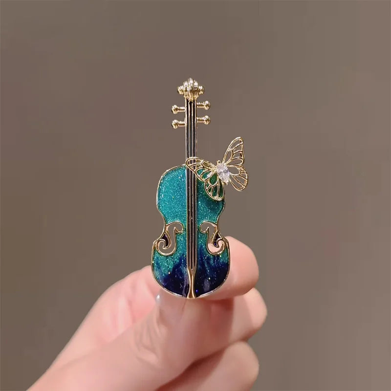 Exquisite Zircon Butterfly Violin Metal Brooch Women's