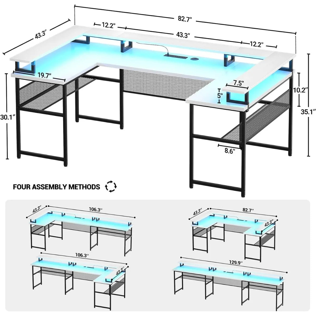 Computer Desk with Monitor Stand and LED Lights, Reversible L Shaped Office Desk