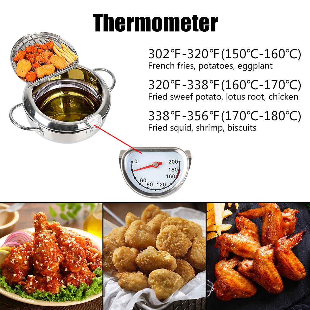 Stainless Steel 2 Handles 2.2L With Thermometer and Lid Tempura Fryer Pan Deep Frying Pot