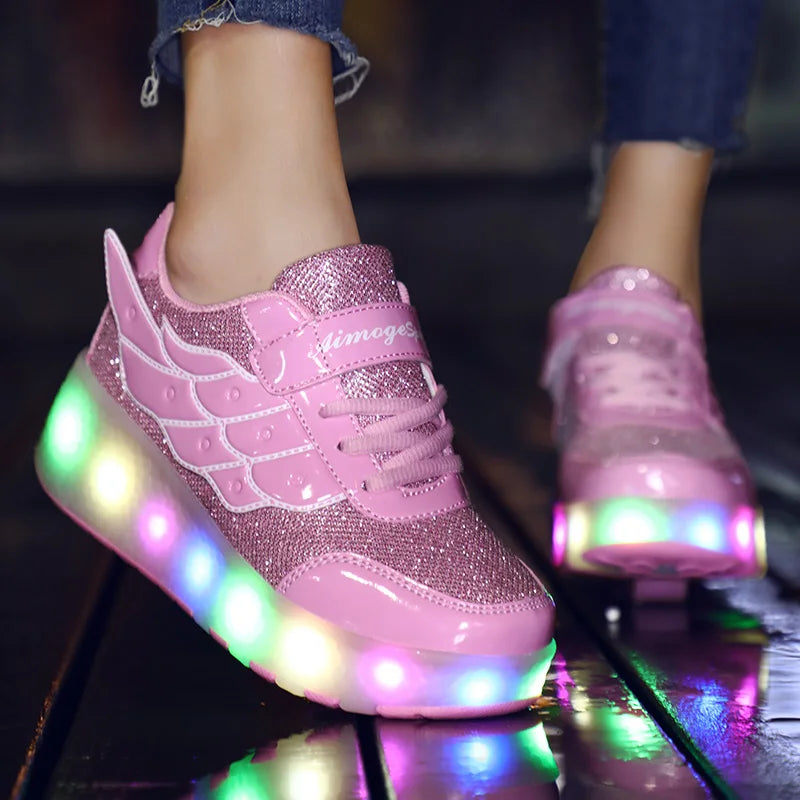 New Style Pink USB Charging Shoe Fashion Girls Boys Women LED Light Roller Skate Shoes