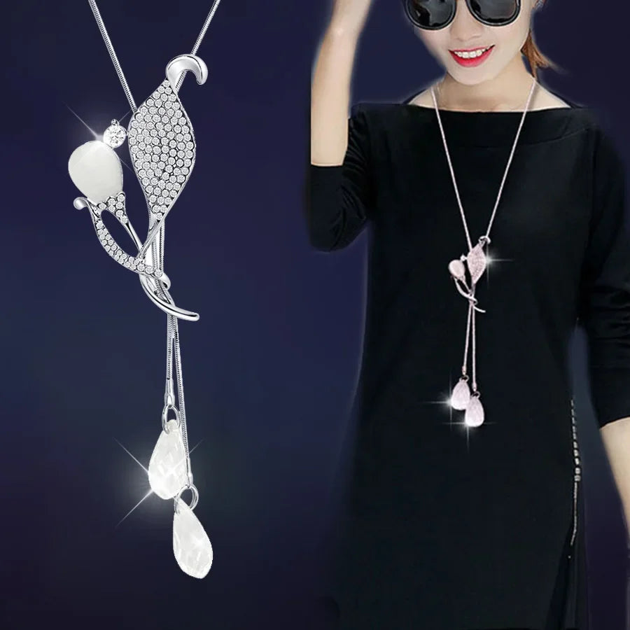 Snowflake Zircon Long Chain for Women Fashion Silver Color Crystal Maxi Necklaces & Pendants