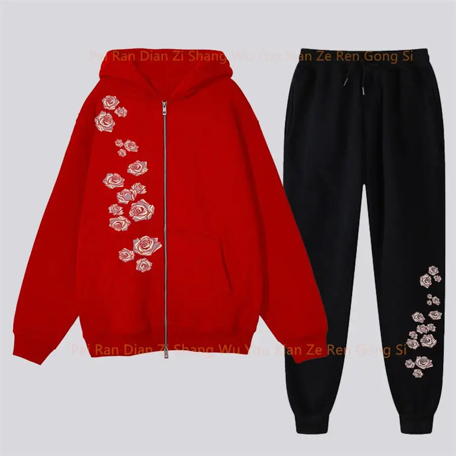 pants Sets Women's Hoodie and pants Two-piece Zipper High Quality Oversize Clothing Aesthetic Rose Graphic PrintFemale Tracksuit