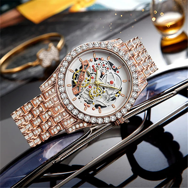 Men Big Brand Skeleton Watches Fashion Alloy Band Luxury Diamond Golden Date Quartz