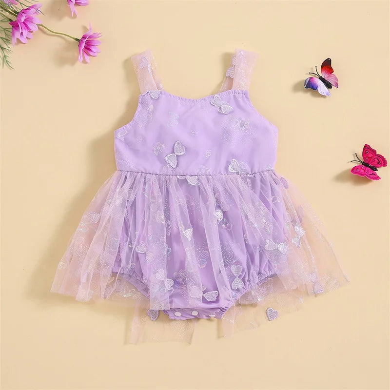 New Born Infant Baby Girls Sleeveless Mesh Butterfly Dress Romper Purple Bodysuit Skirt Sling Princess Dress