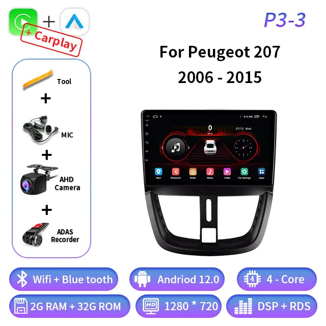 Android Auto For Peugeot 207 2006 - 2015 Car Radio Multimedia Video Player Navigation GPS 4G Wireless CarPlay Wifi 2 Din DVD